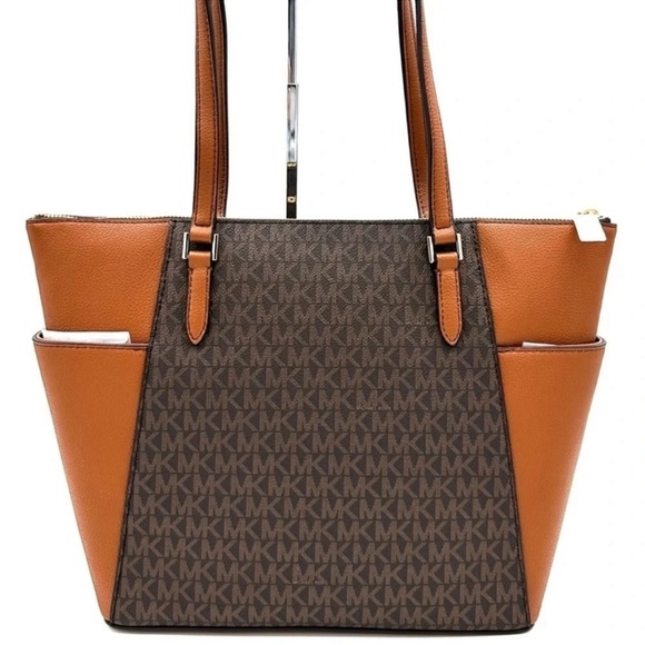 Michael Kors Large Charlotte Tote Bag Luggage Leather Brown - Picture 5 of 12